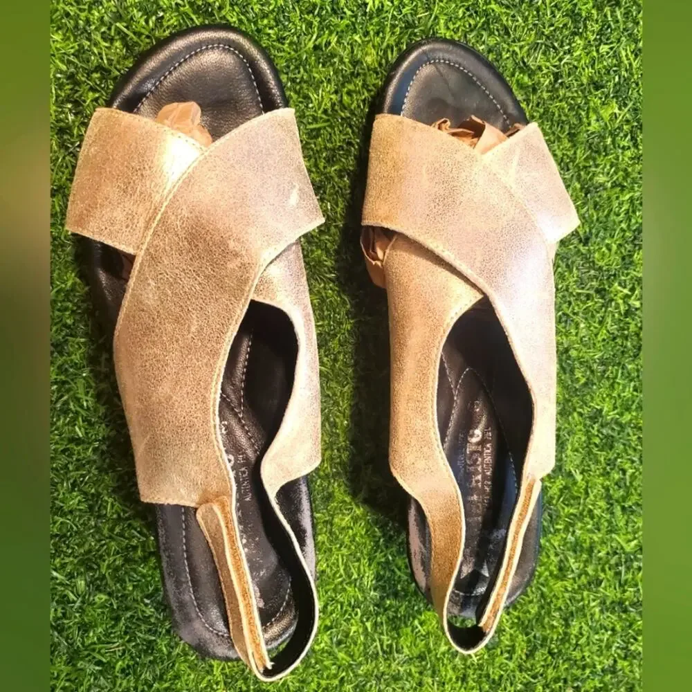 Mephisto Cross Slingback Wedge Golden Sandals Sz 39 EU